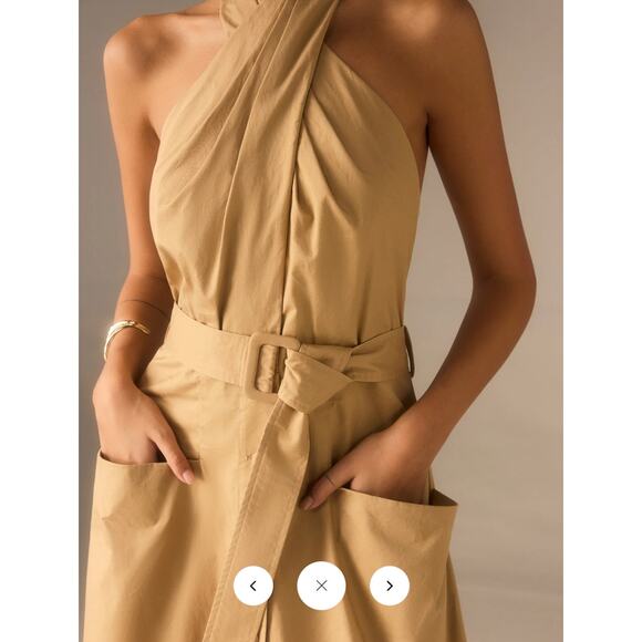 Commense Cotton Pleated Halter Neck Belted Midi Dress Sz M - Picture 2 of 7